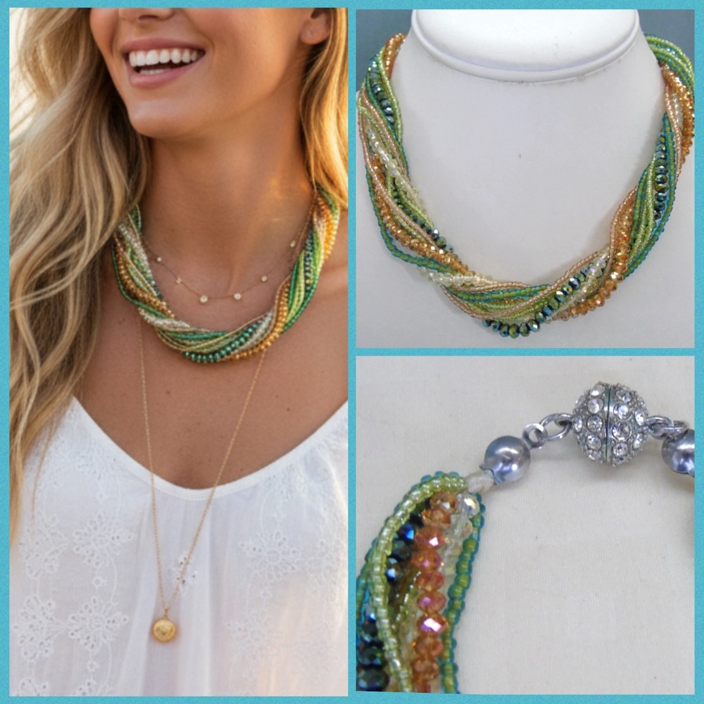 Aurora Borealis bead necklace With Rhinestone Magnetic Clasp 15.5”